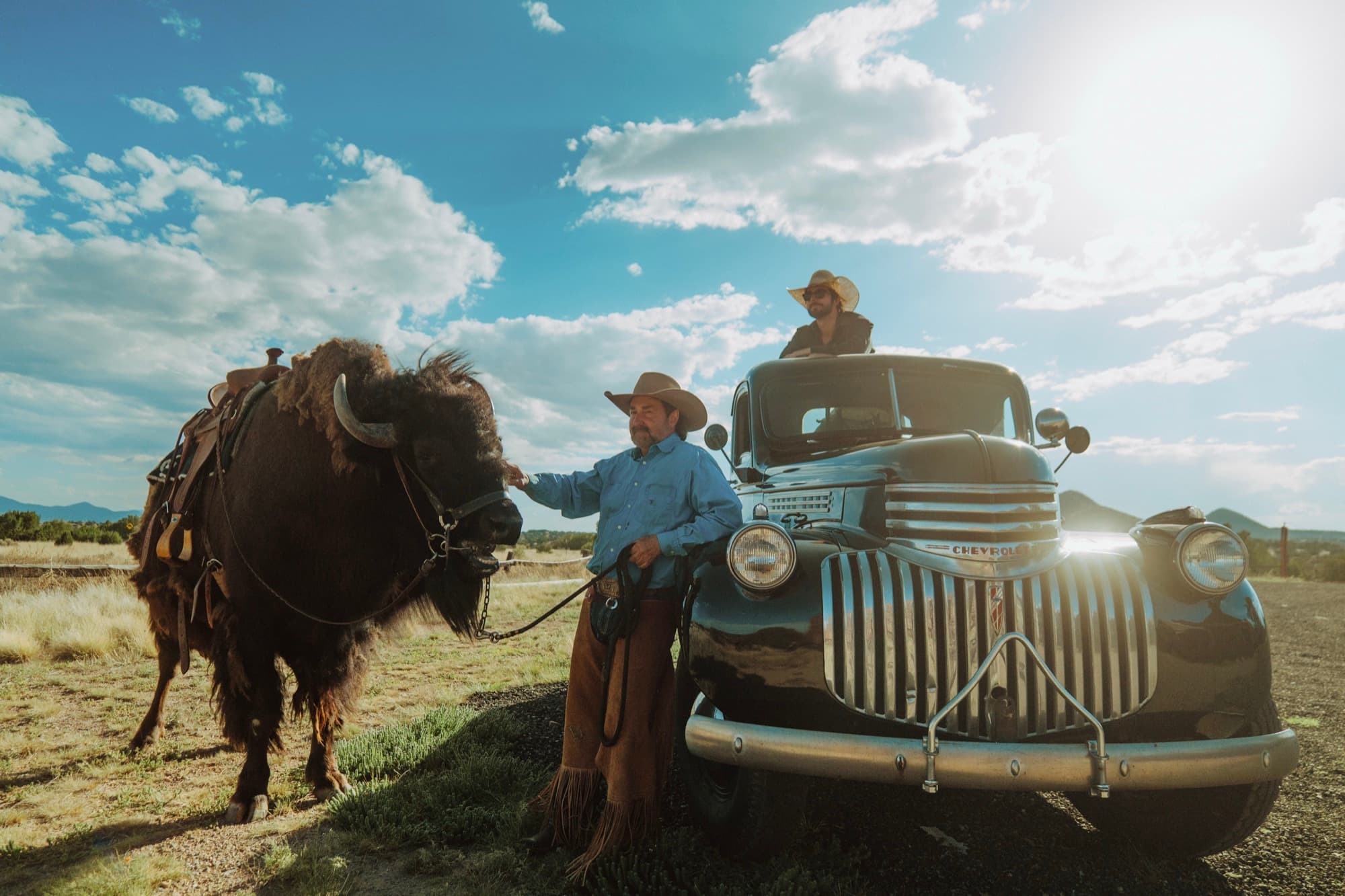 Clint Mortenson with Clyde the buffalo and a vintage truck at Mortenson Ranch