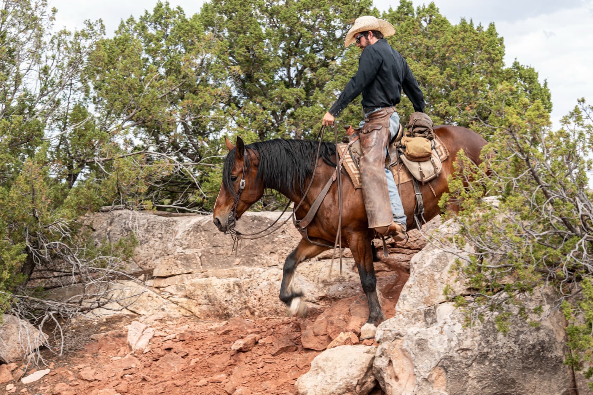 A rider on a bay horse picks through red rock and juniper